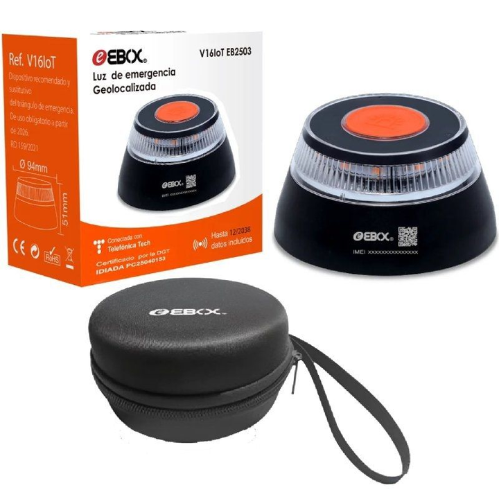 Baliza V16 Ebox EB2503 Homologada DGT Geolocalizada Base Magnética Naranja Incluye Funda